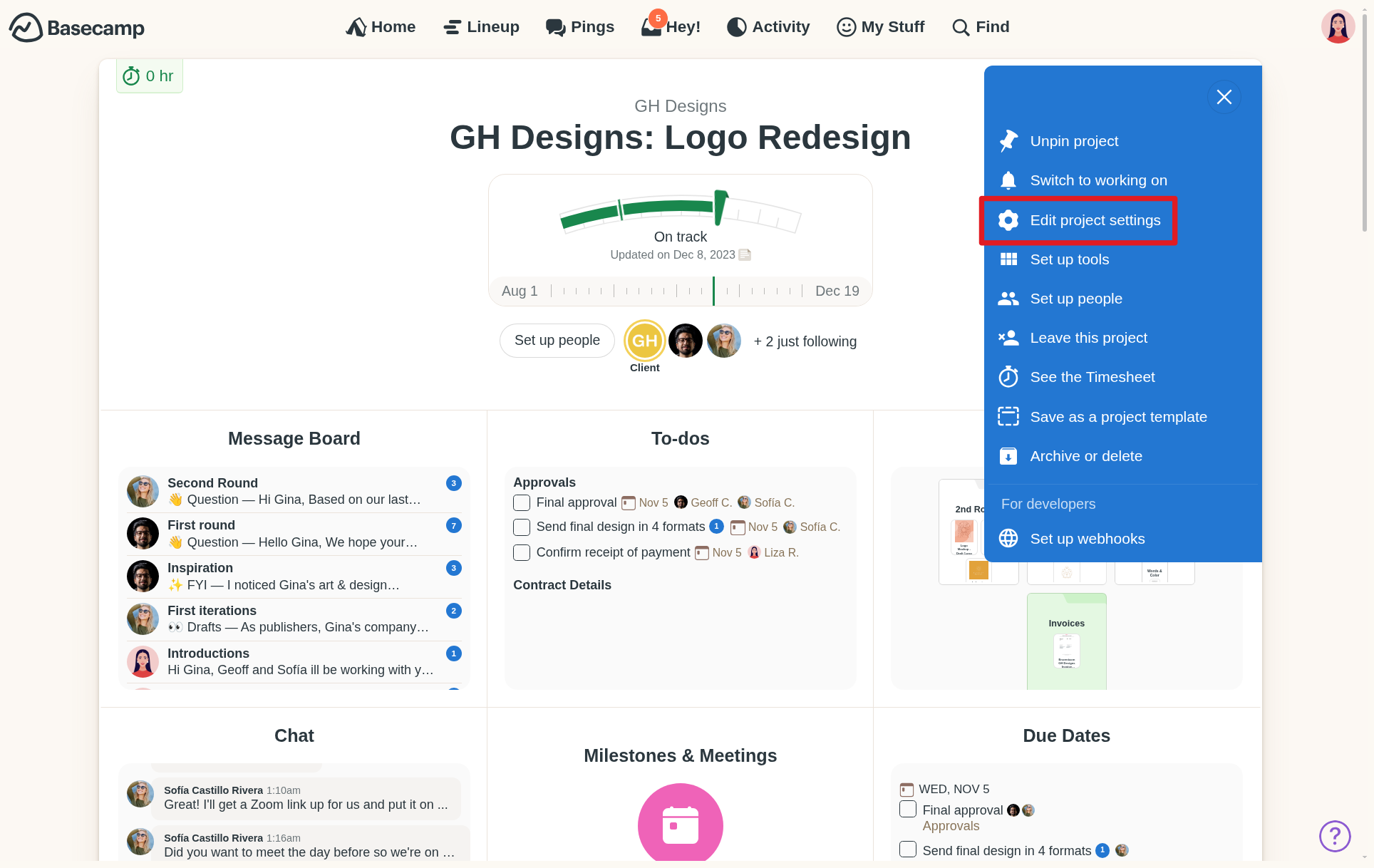 A screenshot of the more options showing the edit project settings link