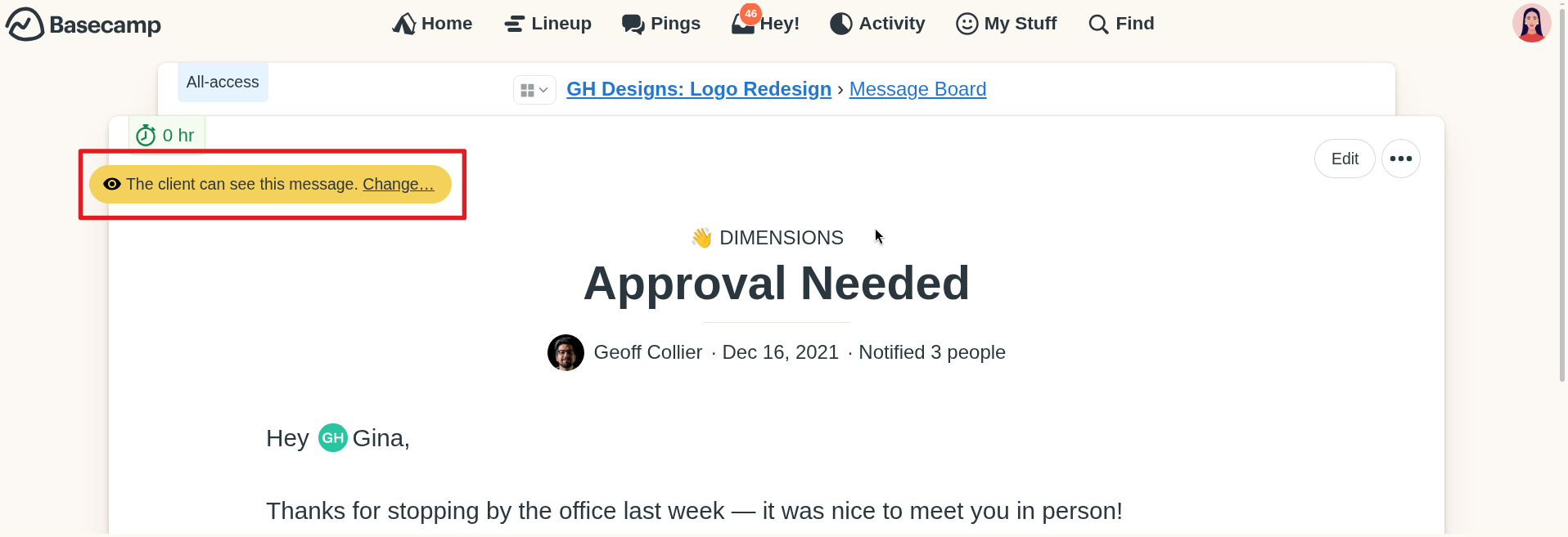 Screenshot of the post on the Message Board with a yellow flag