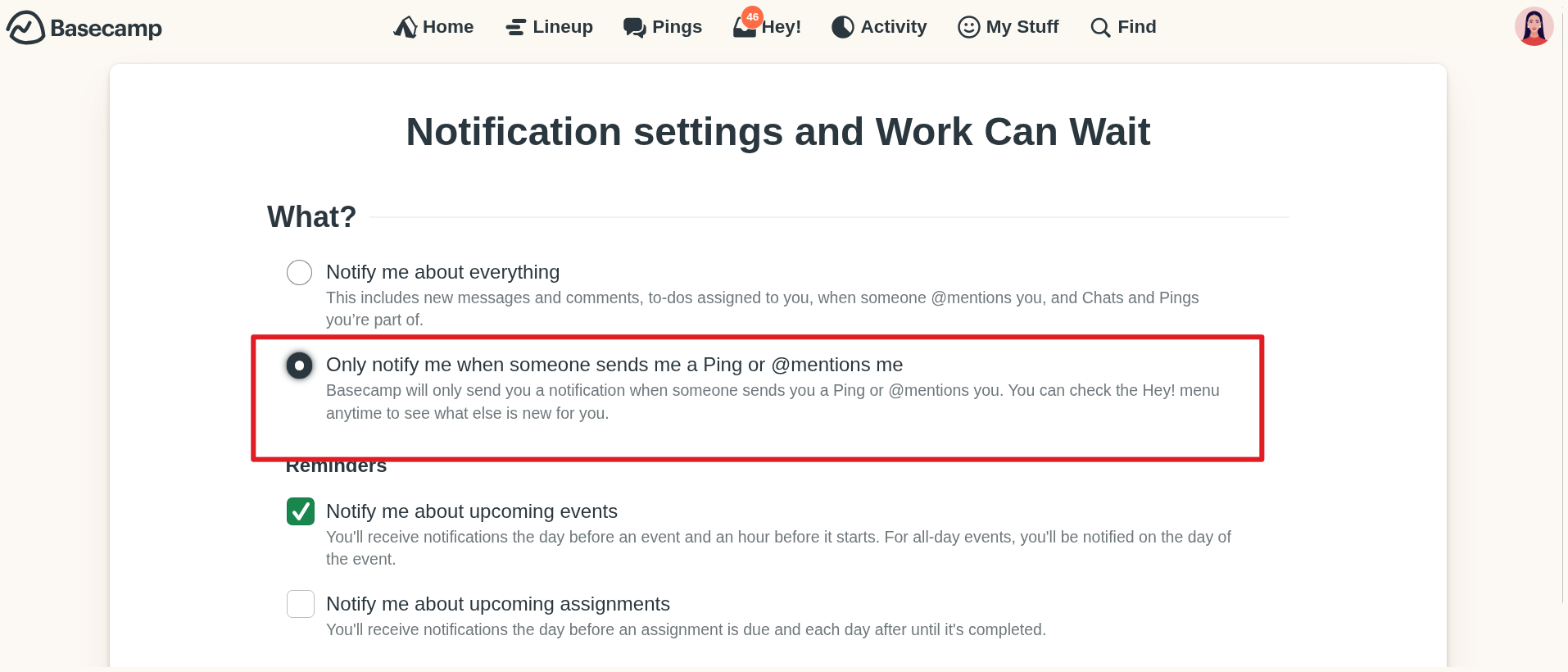 an image showing a box highlighting the option to be notified only about pings and mentions