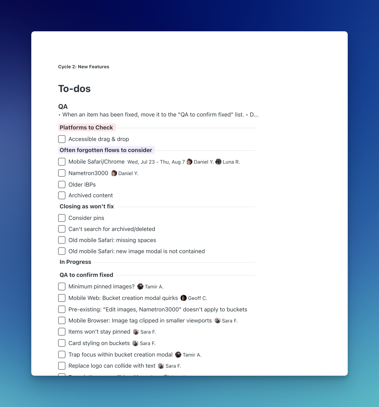 A screenshot of the printed version of a list of to-dos in a Basecamp project. 