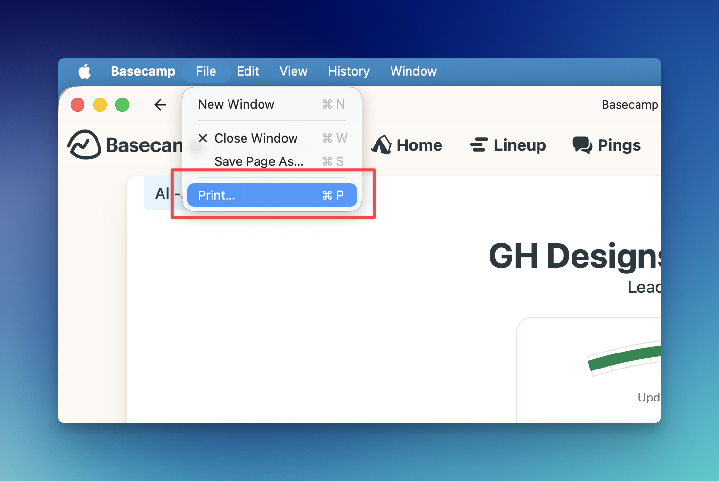 A screenshot of the File menu open on the Basecamp app, with a red box highlighting the Print option. 
