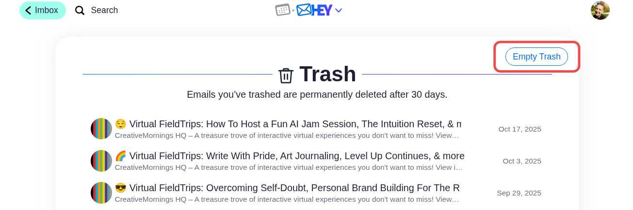 An image showing the trash folder in hey, with the empty trash button boxed in red