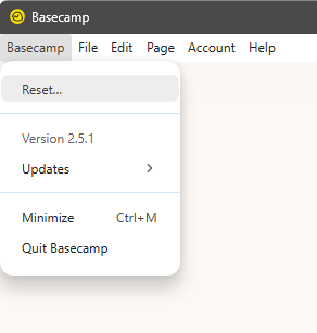 Screenshot of the Basecamp menu open with the Reset option highlighted.