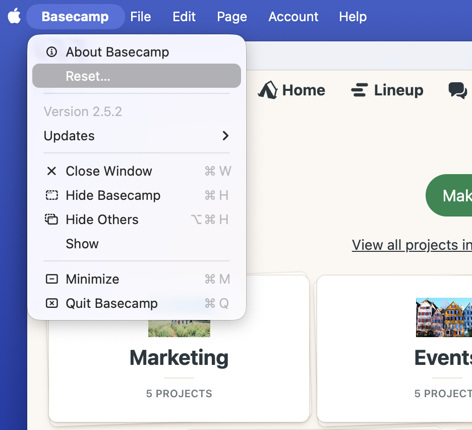 Screenshot of the Basecamp menu open with the Reset option highlighted.