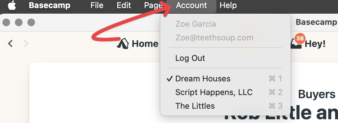Screenshot of a red arrow pointing to the Account menu.