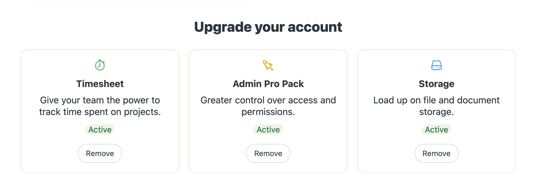 Screenshot of the Upgrade your account area in the Handle billing, invoices, packages, and upgrades page with the remove buttons in view.