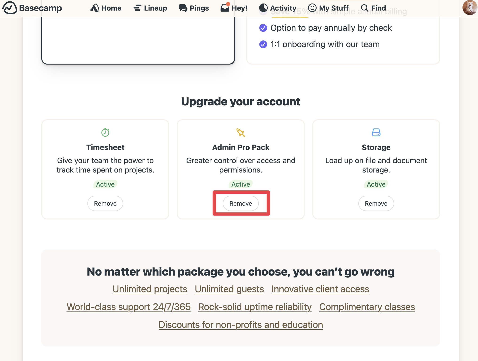Screenshot of the Upgrade your accounts options with a red outline around the Remove button for Admin pro pack.
