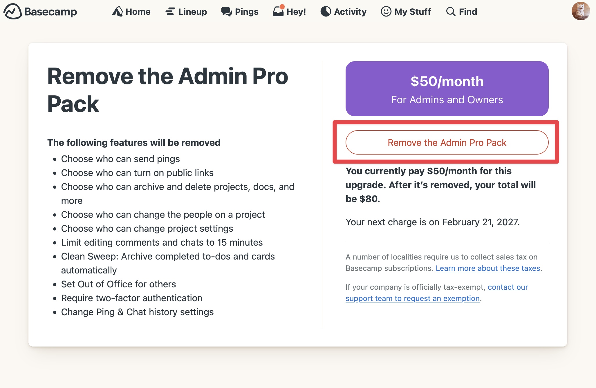 Screenshot of the Remove the Admin pro pack button outlined in a red box.
