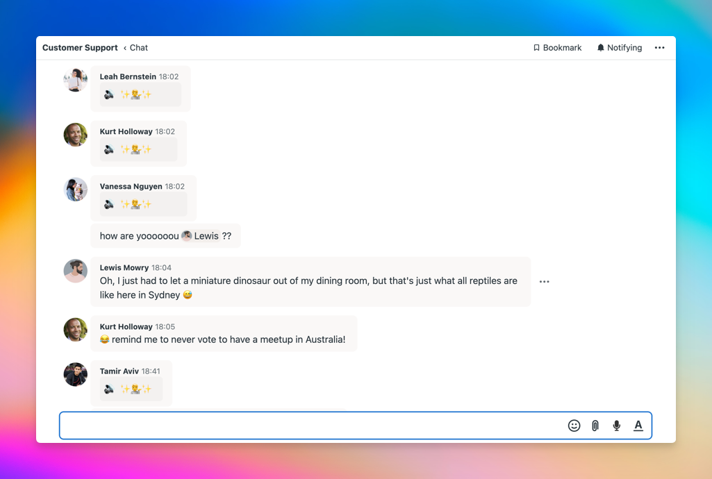 Screenshot of a customer support team Chat. A few people are chatting and some posted Hey girl notification sounds.