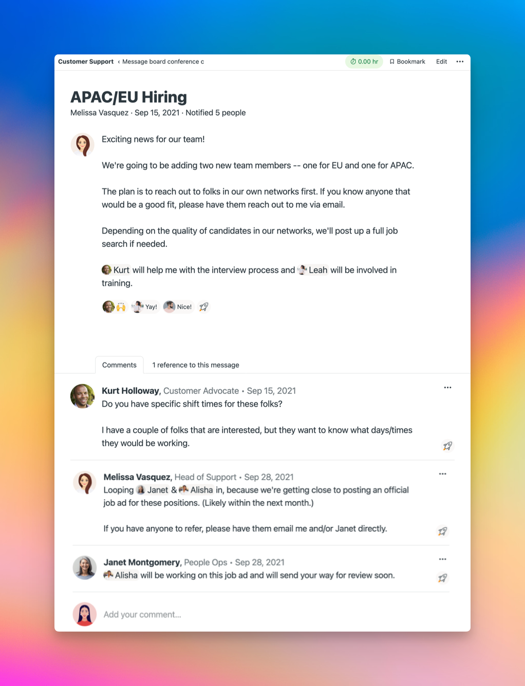 Screenshot of a Message Board post for an EU/APAC Customer support position. A few employees left comments below the post.