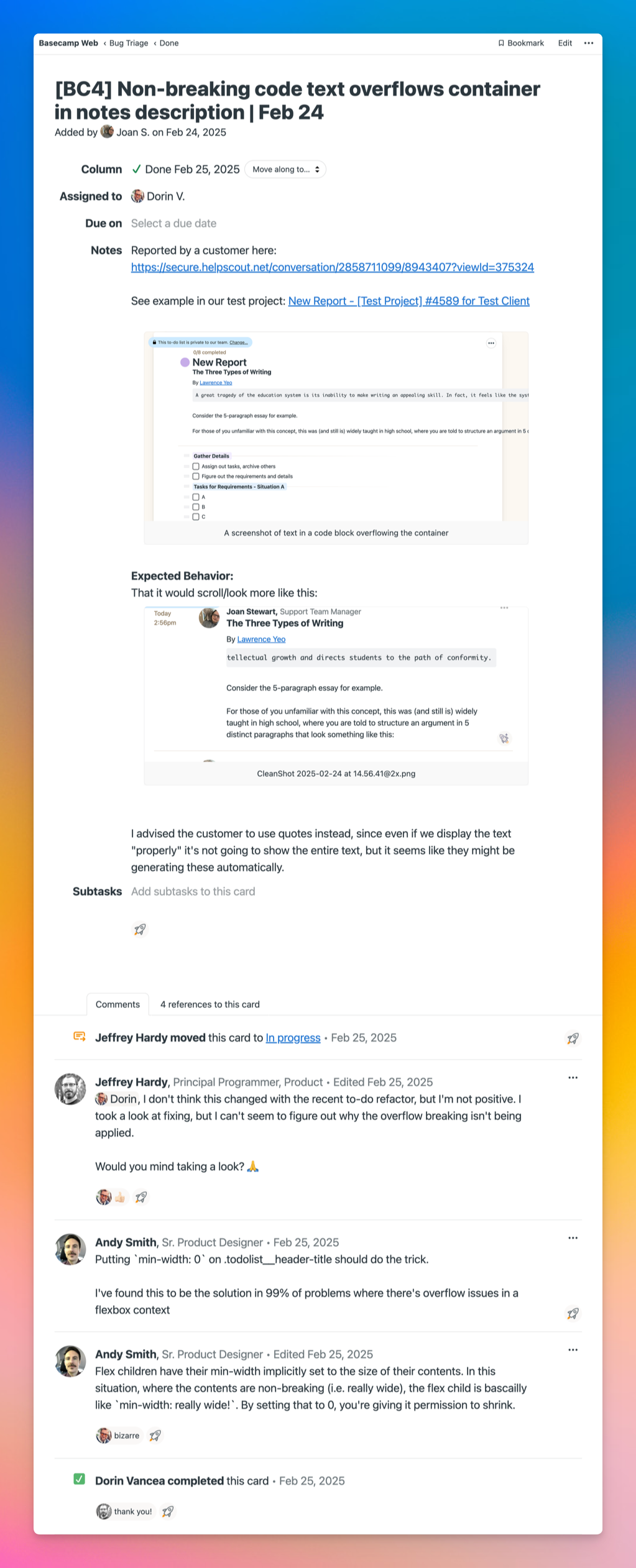A screenshot of a Card in Basecamp that is tracking a bug, including the conversation with a programmer and product designer. The card was completed another product designer.