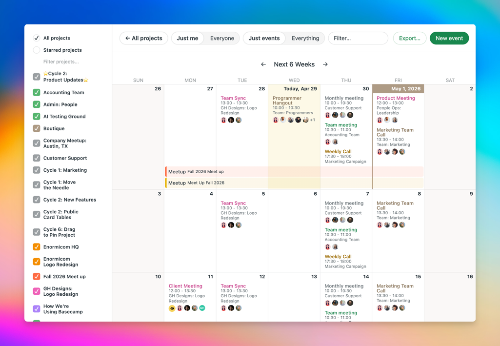 Screenshot of the Basecamp Calendar showing calendars from all projects that user has access to.