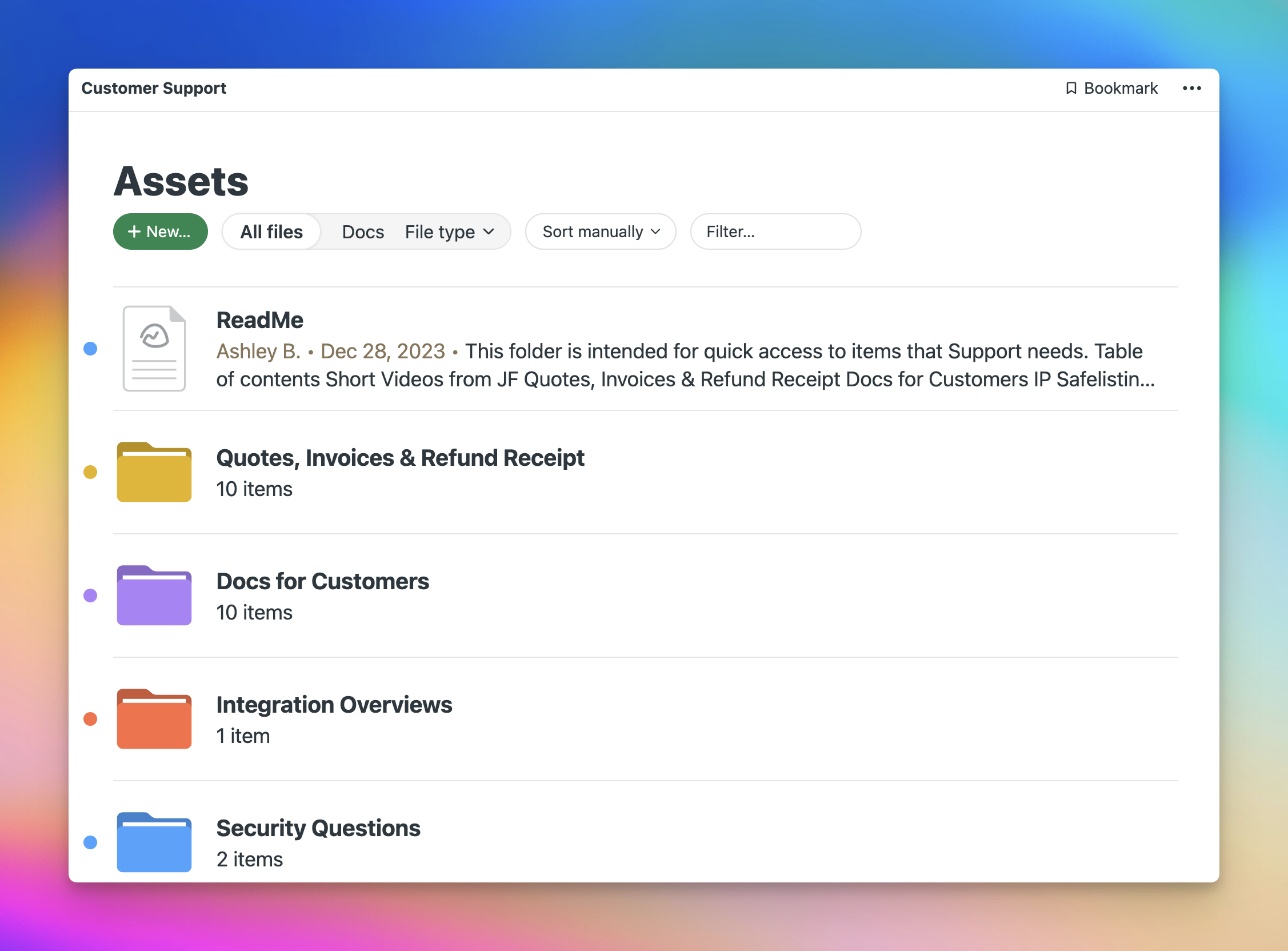 Screenshot of the Docs & Files page for the Customer support team. This page shows a ReadMe document and 4 different folders. Each folder is customized to be a different color — yellow, purple, red, and blue.