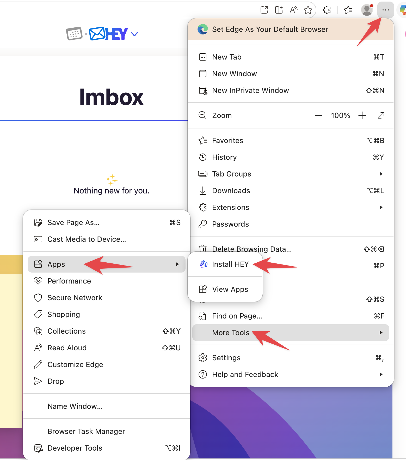 A screenshot of the options menu opened in Edge on a Mac. Arrows point to the Options menu, More Tools, Apps, Install HEY.