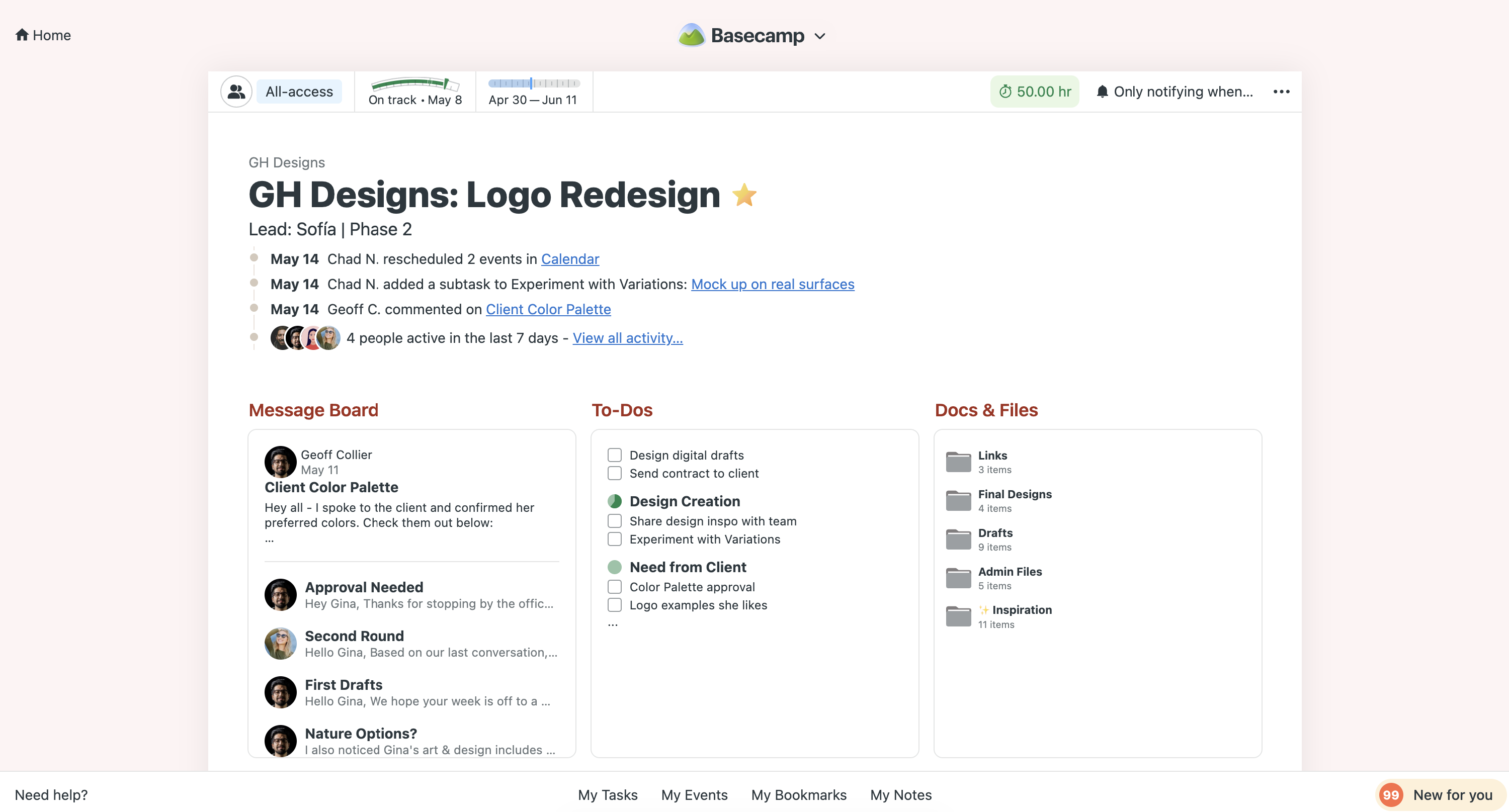 A screenshot of a Basecamp project with the Message Board, To-Dos and Docs & Files tools visible.
