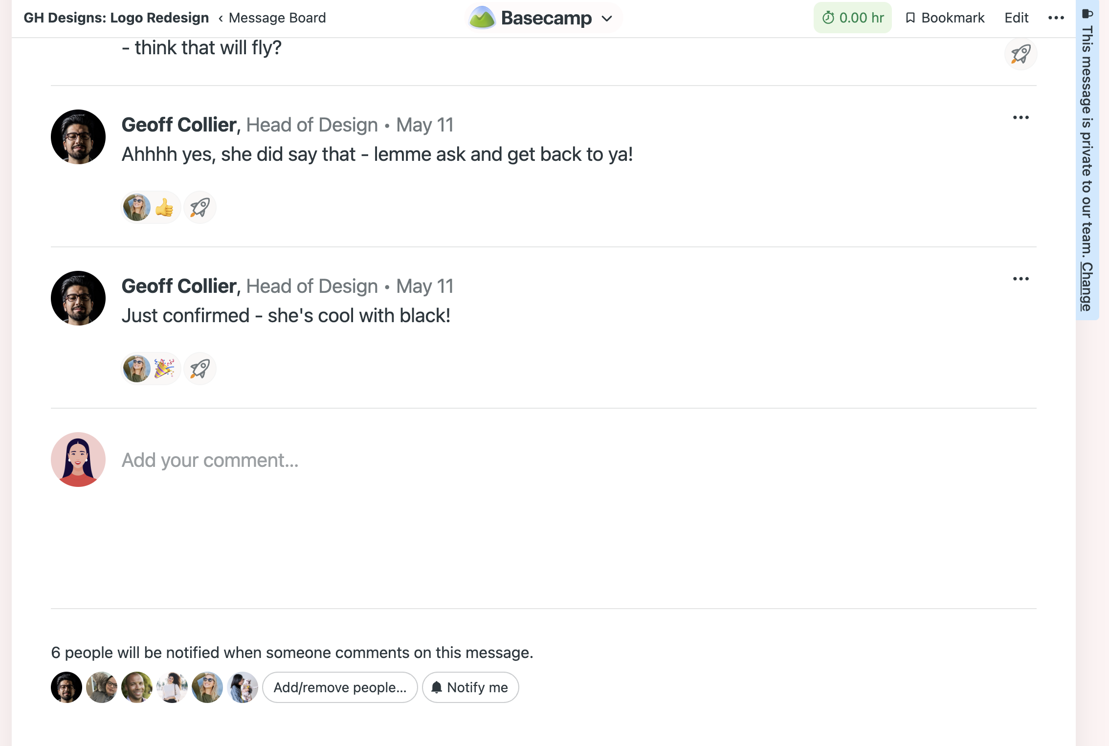 A screenshot of a comment thread in Basecamp with 6 people subscribed.