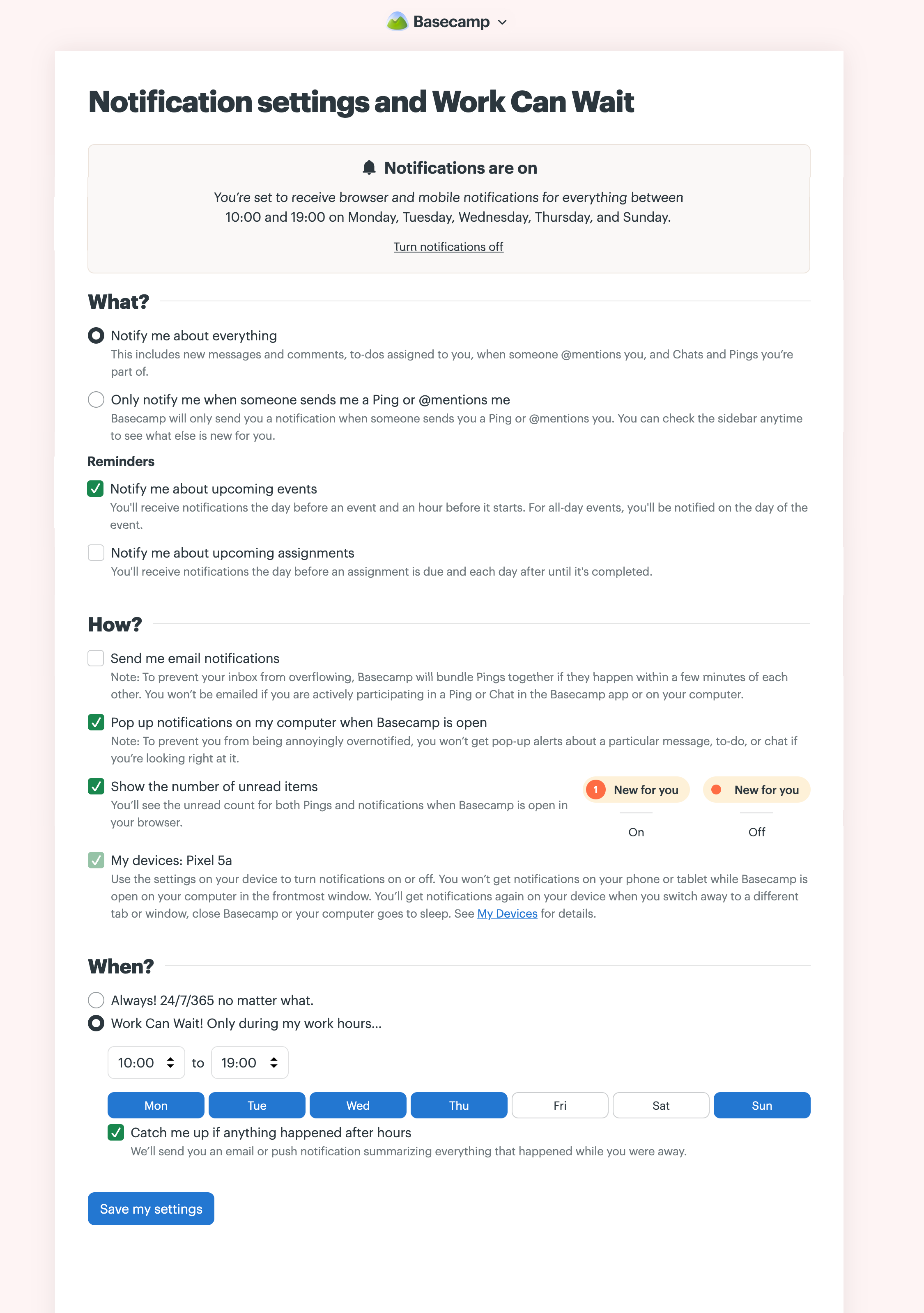 A screenshot of the Notification Settings page in Basecamp. 
