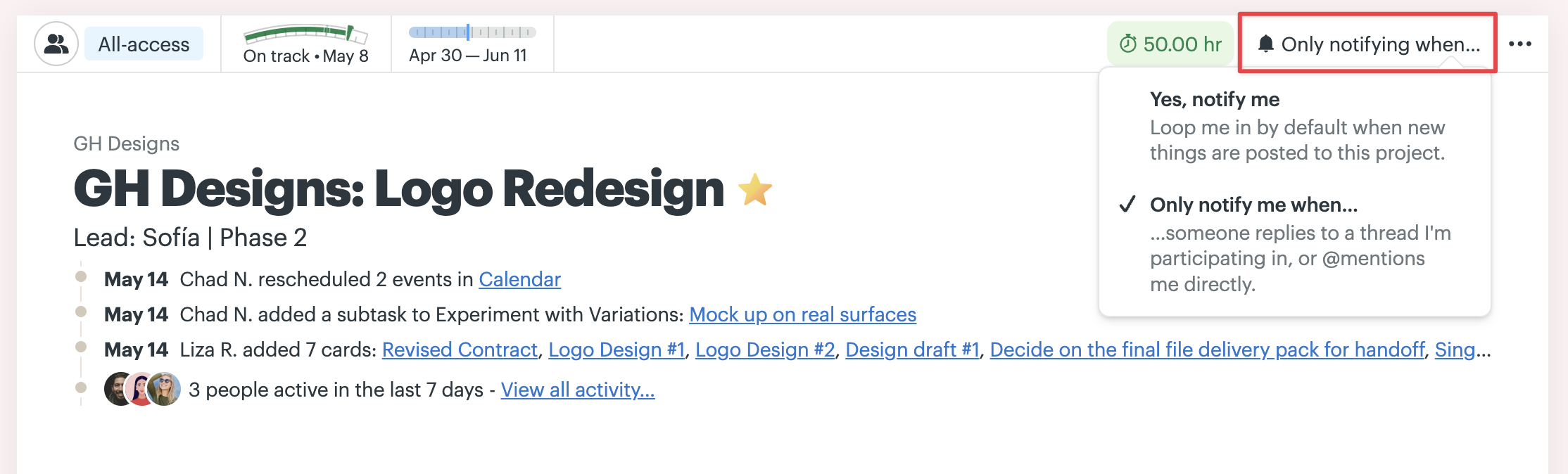 A screenshot of the top of a project in Basecamp. The notification menu at the top right is open. A highlight box is around the