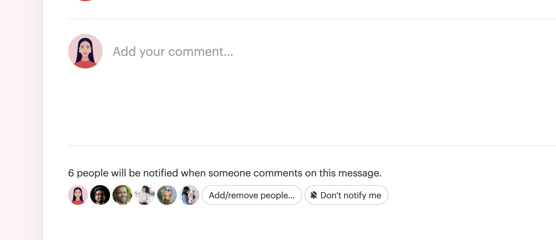 A screenshot of the notification options for a single comment thread in Basecamp, showing 6 people subscribed, the option to add/remove people and