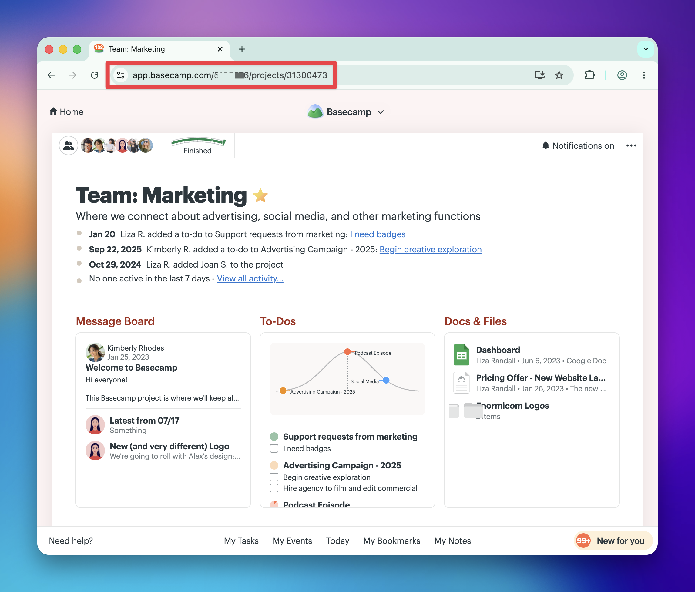 A screenshot of a project in Basecamp open in a Chrome browser, with a red box highlighting the URL in the address bar.