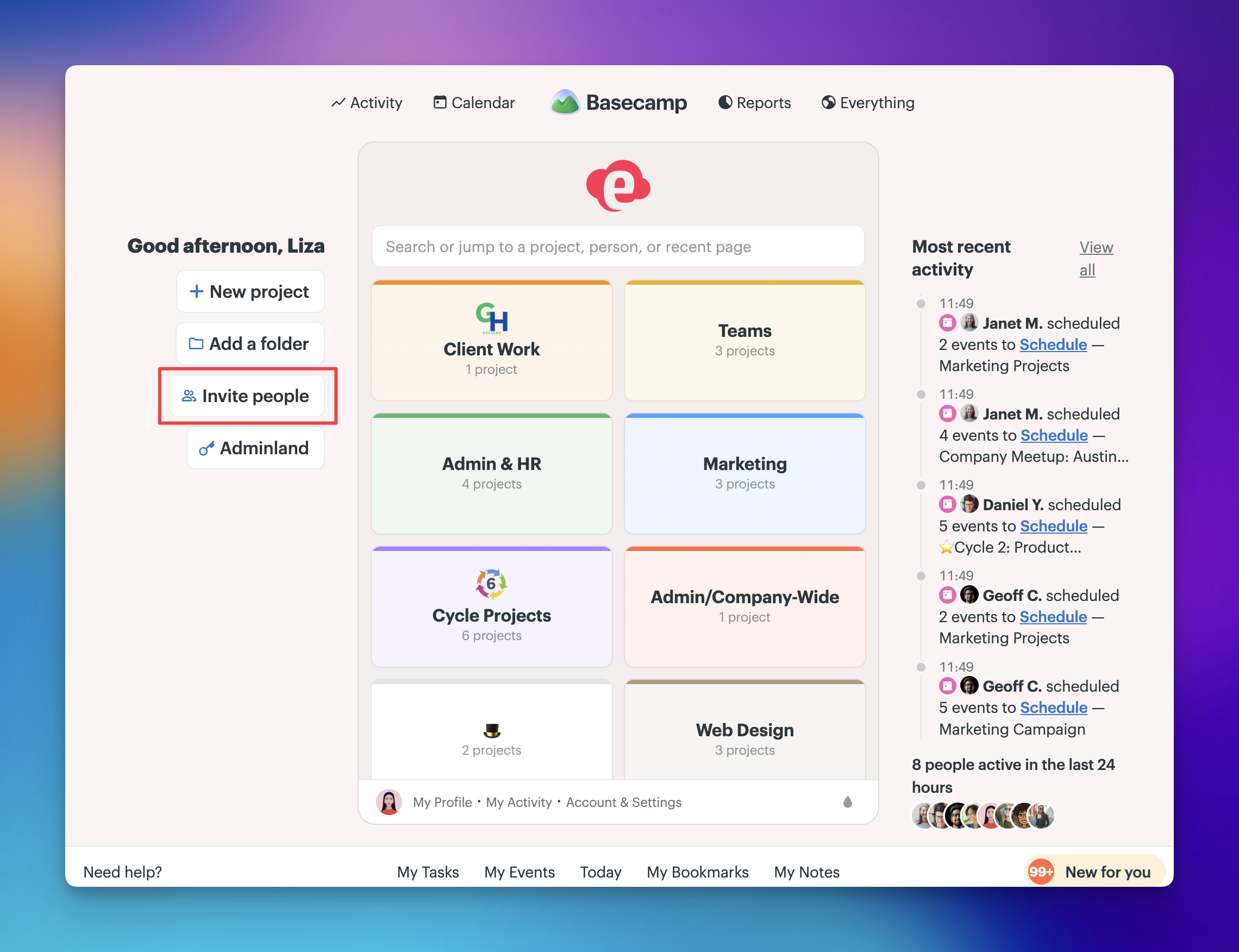 A screenshot of the Basecamp home page with a red box highlighting the