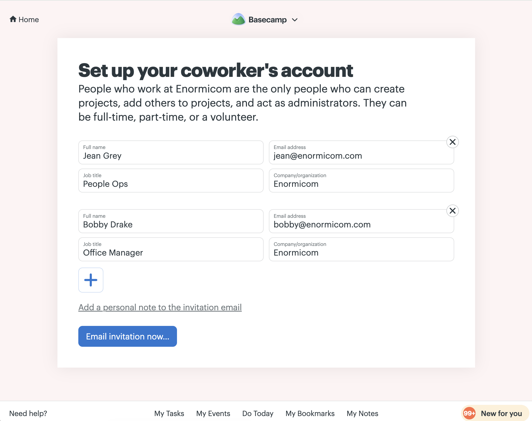 Screenshot of the invite form with two users invited.