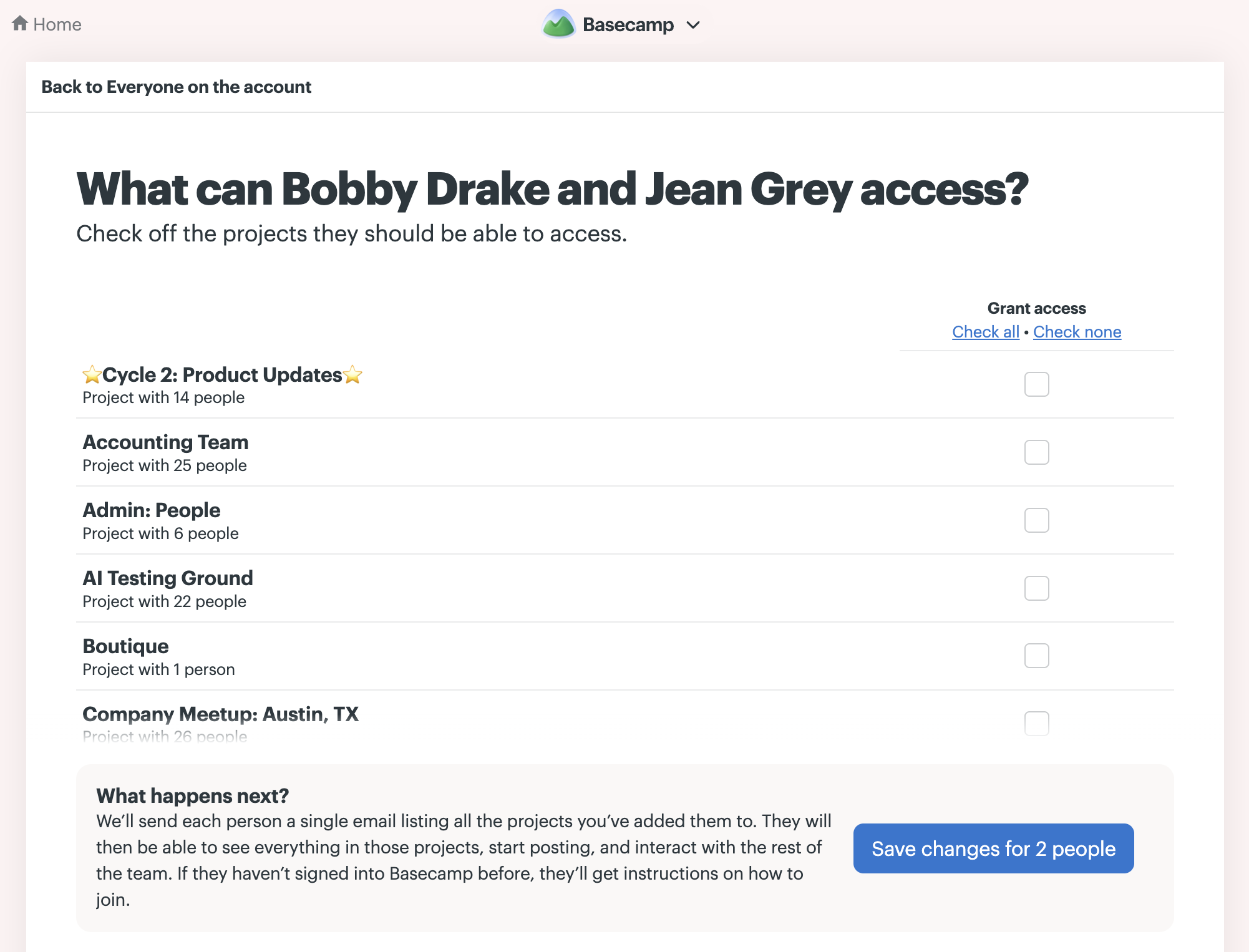 A screenshot of the bulk project access screen.