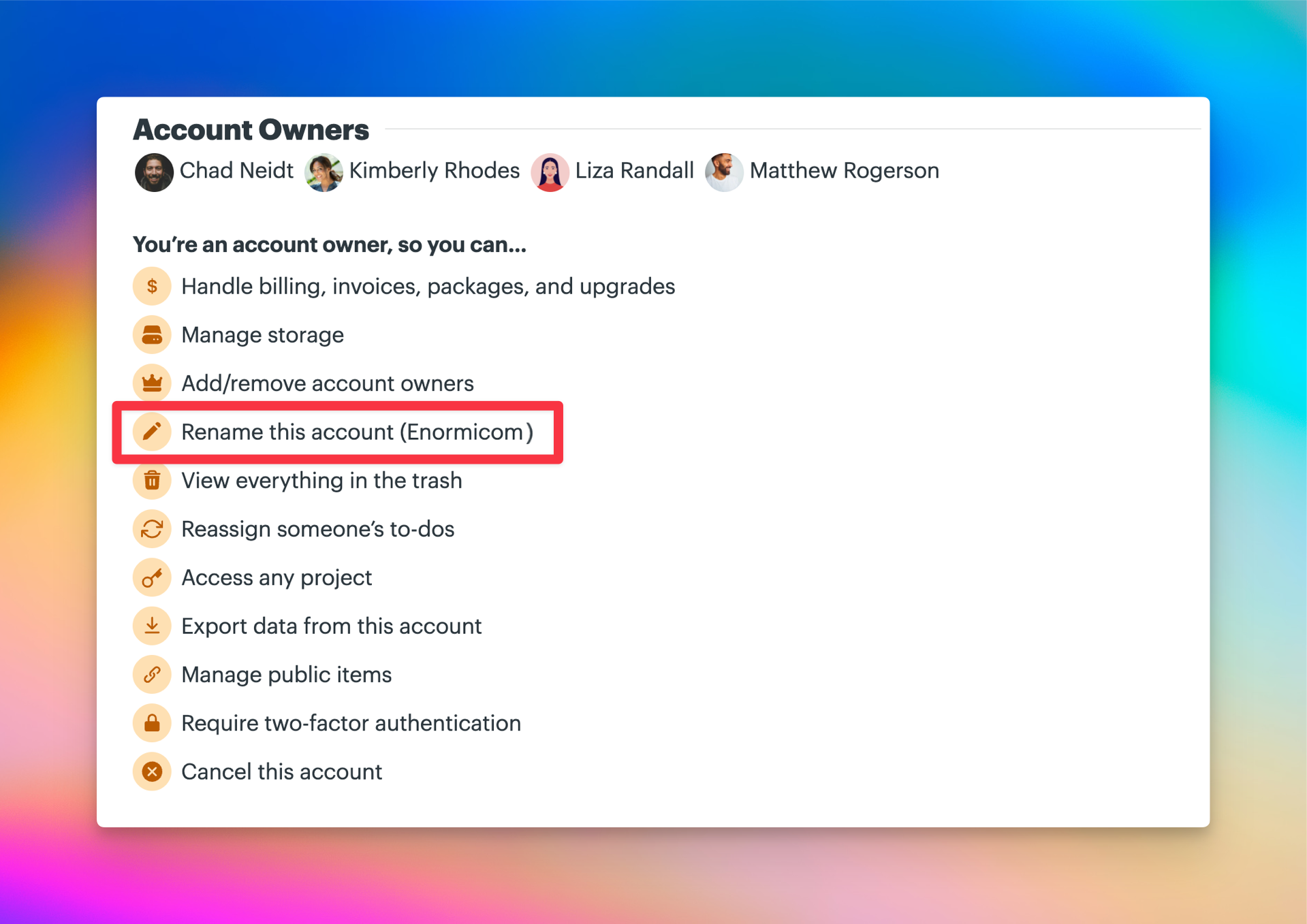 Screenshot of a user's Adminland page with the Rename this account option outlined in a red box.