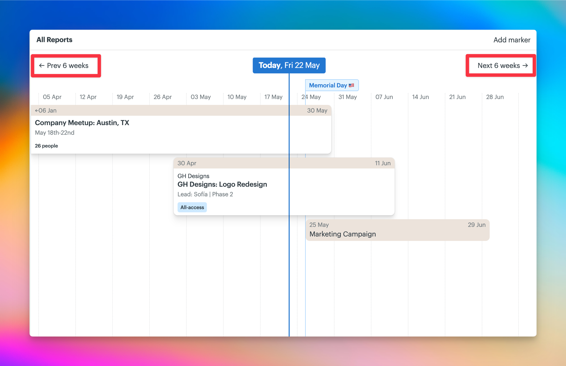 Screenshot of the Lineup view with the Prev 6 weeks and Next 6 weeks buttons outlined in a red box.