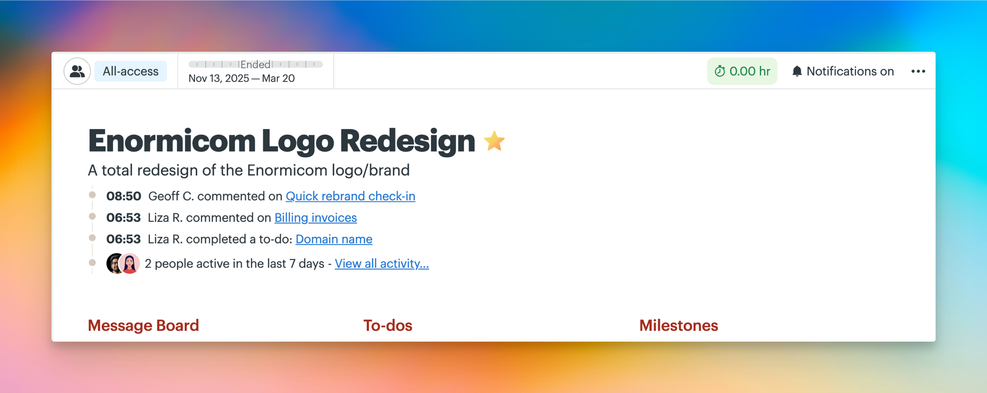 Screenshot of a project that has ended. The tracker reads Ended.