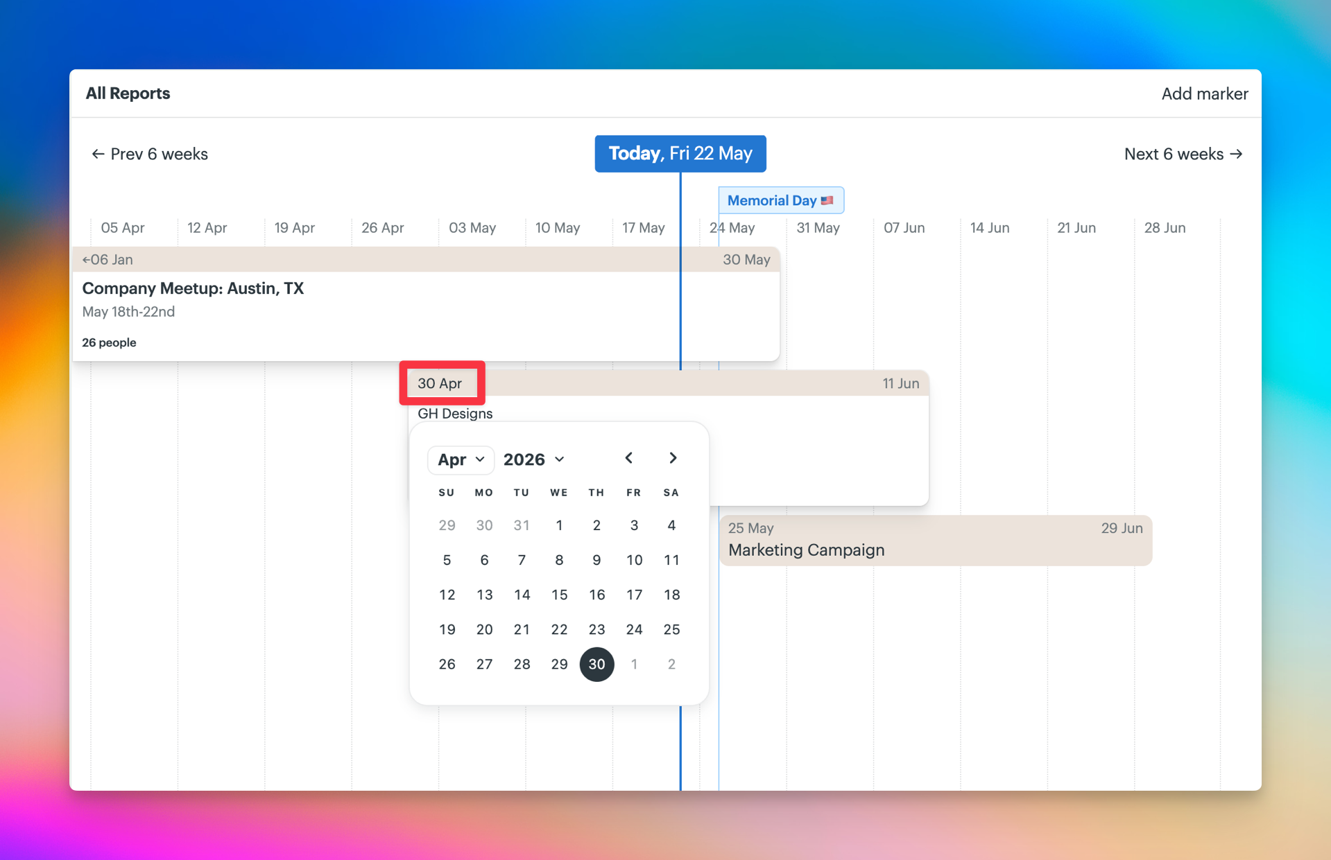 Screenshot of the Lineup with the start date of a project outlined in a red box. The calendar picker is opened so a new start date can be selected.