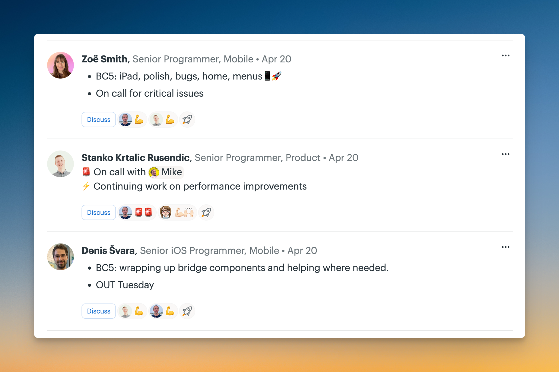 Screenshot of the answers from three different users answering the Product: What will you be working on this week?