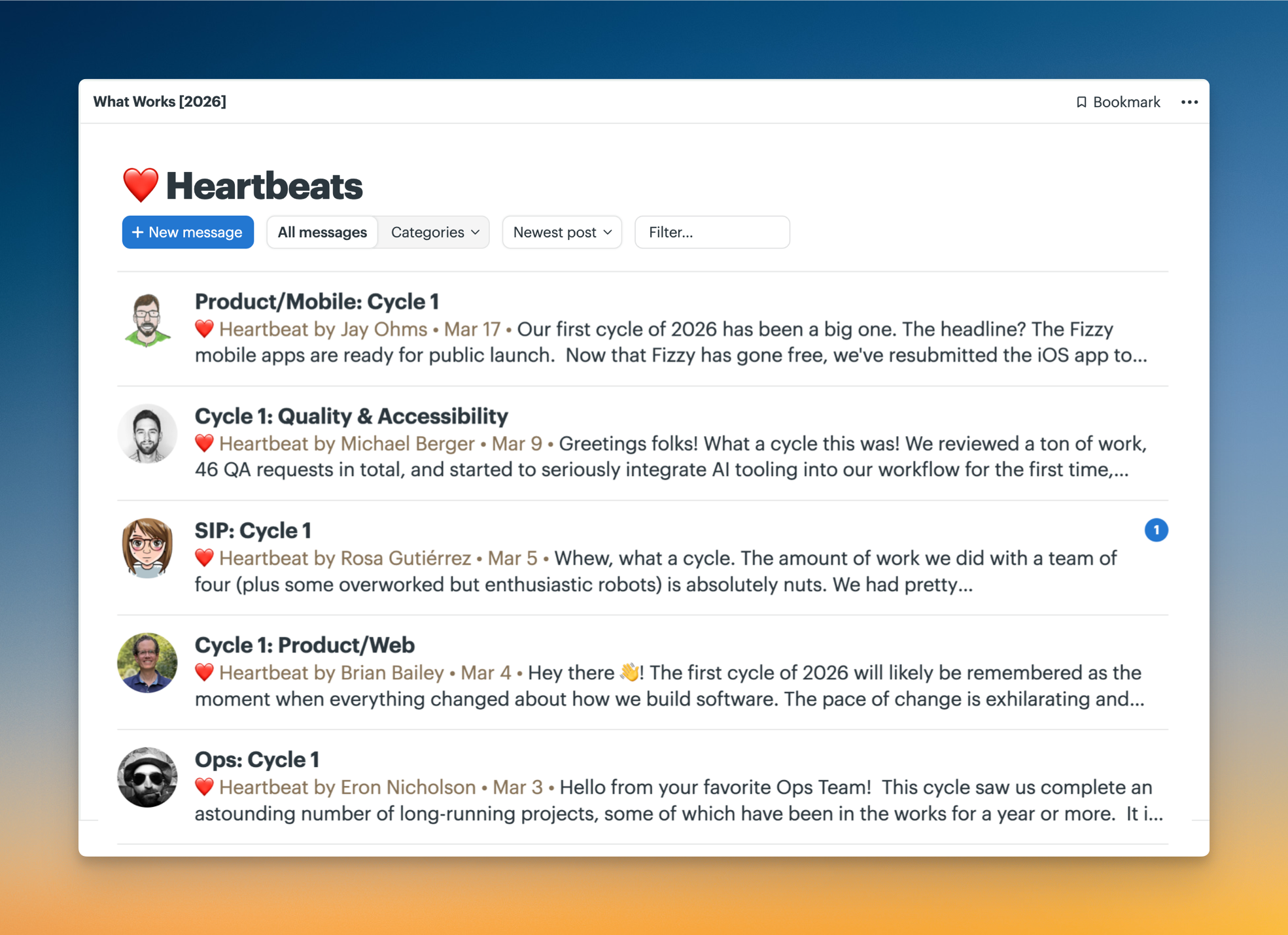 Screenshot of the Heartbeats Message board with five post previews.