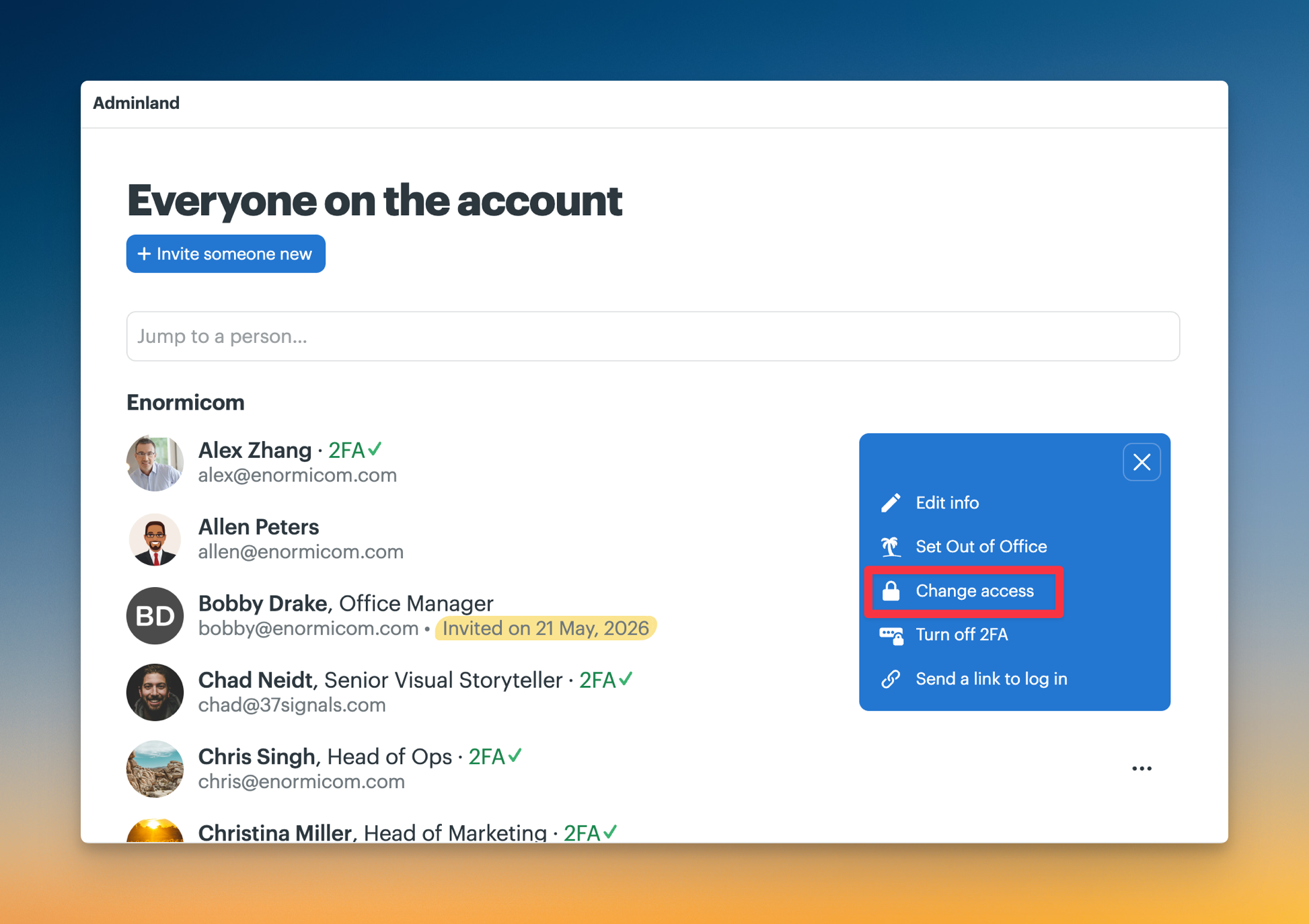 Screenshot of a red box around the change access link.