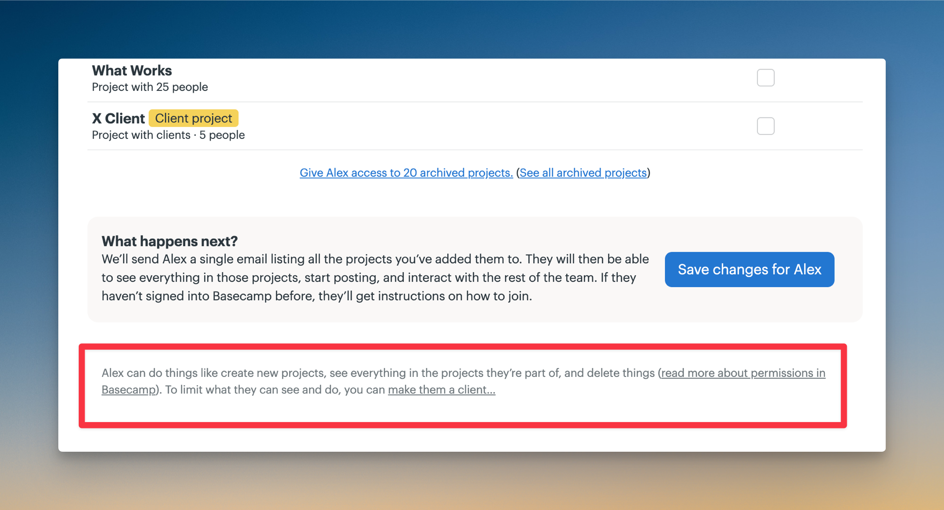 Screenshot of a box around the area where you change a user's permissions.