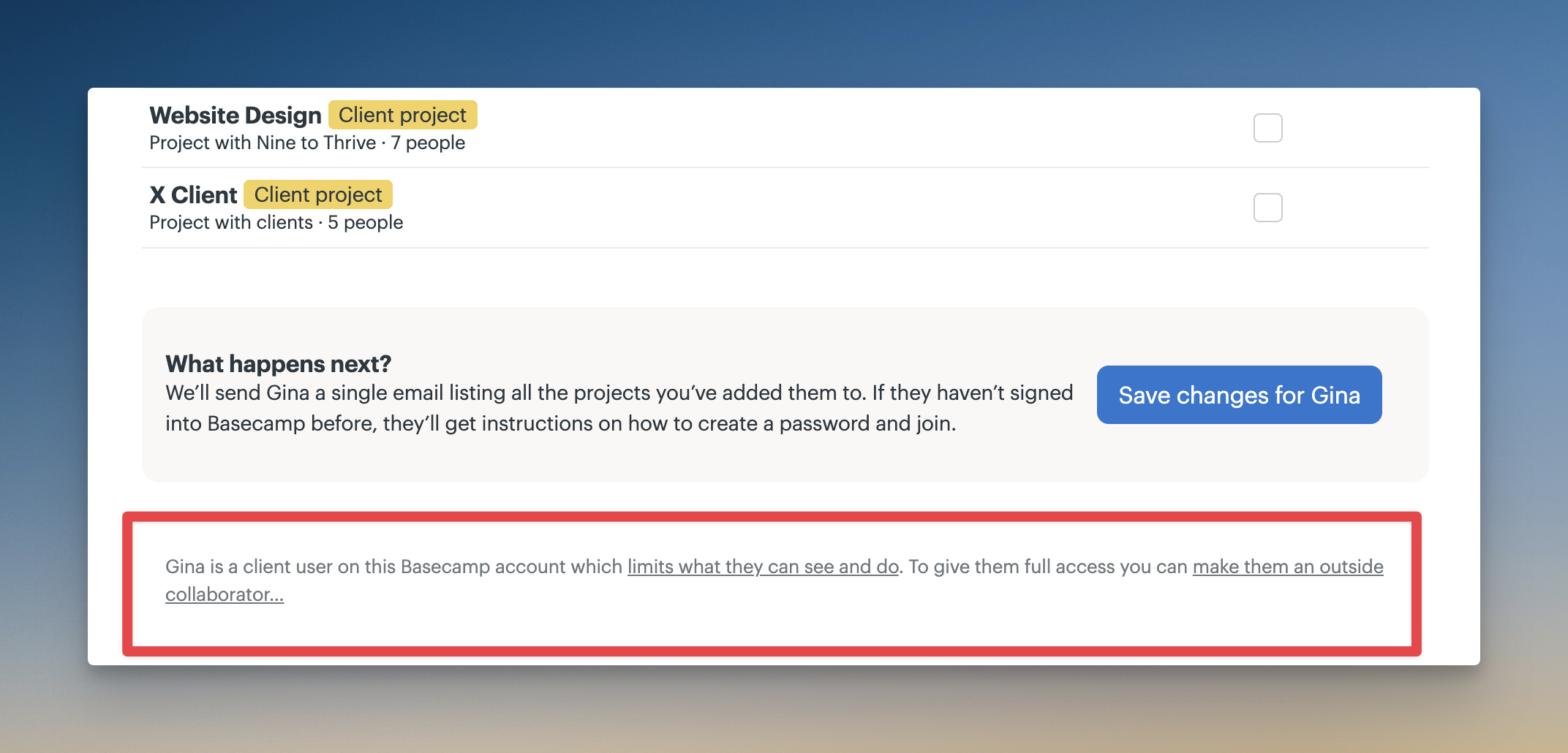 Screenshot of a box around the area where you change a user's permissions.