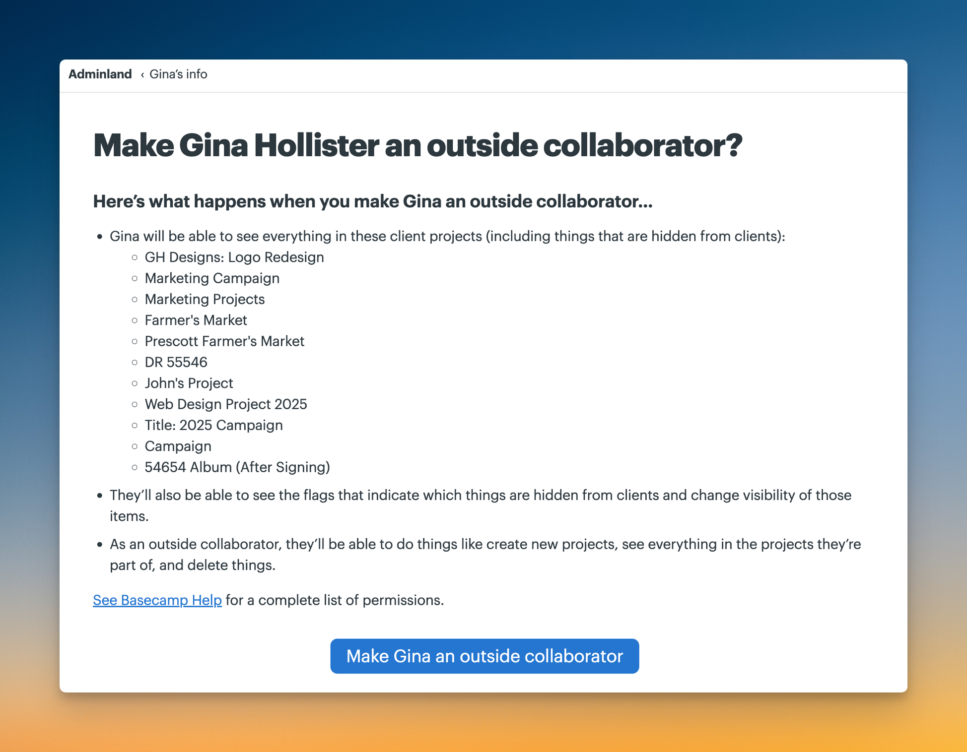Screenshot of a page detailing what permissions will change when a user is switched to an outside collaborator