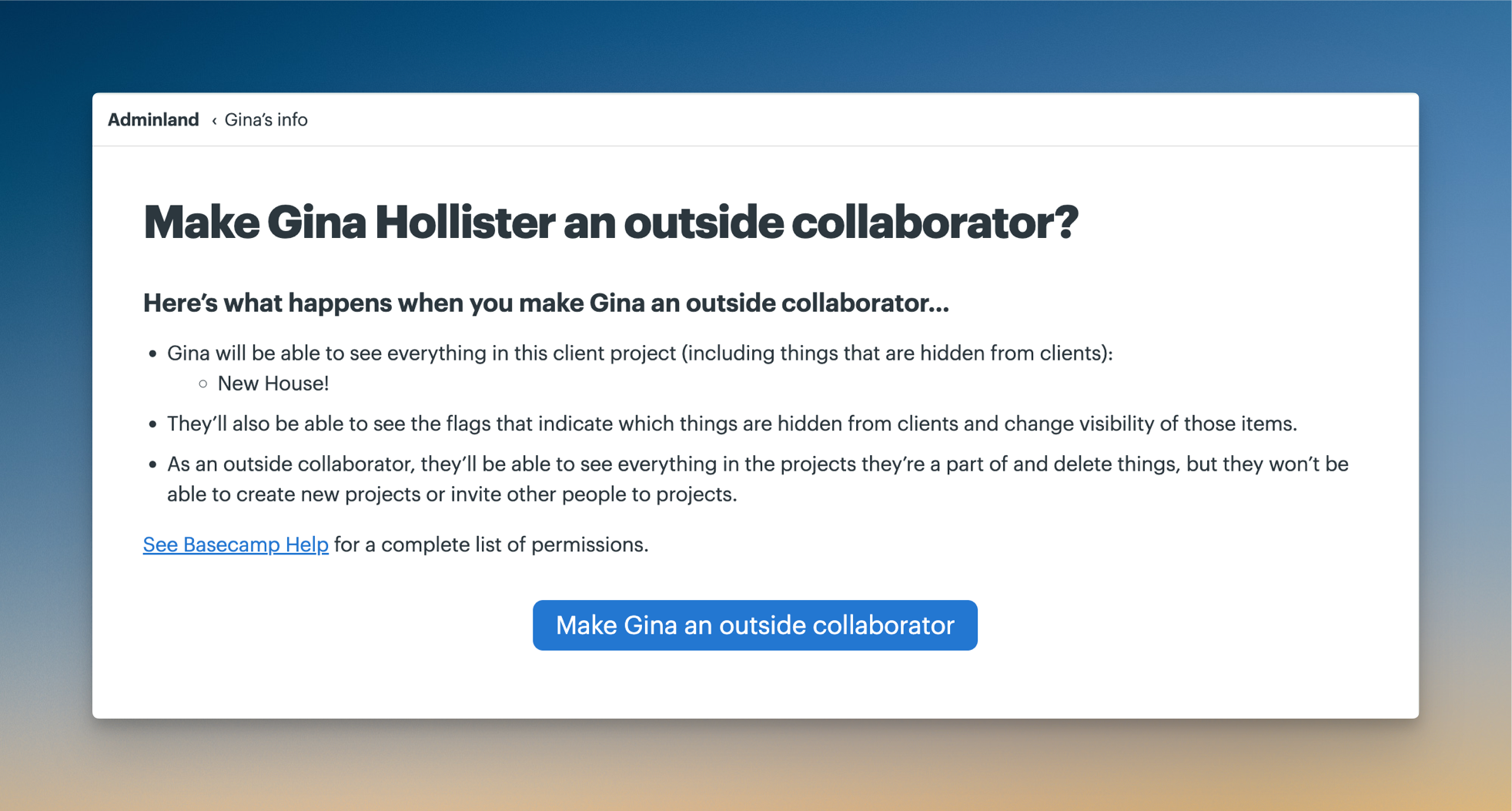 Screenshot of a page detailing what permissions will change when a user is switched to an outside collaborator