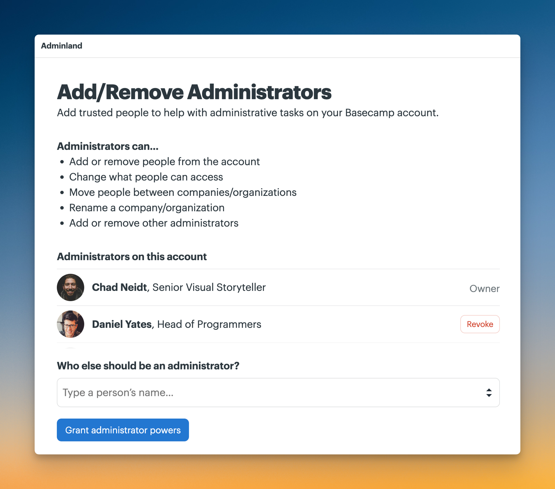 Screehot of the Add/remove administrators page.