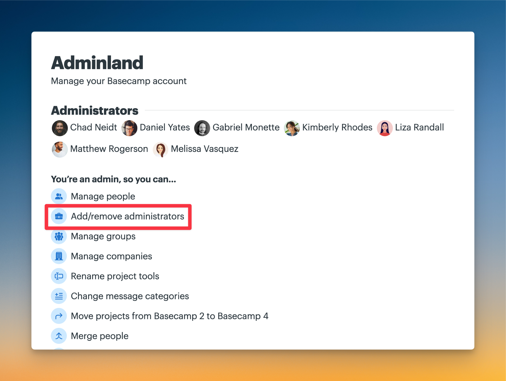 Screenshot of the Add/remove administrators option outlined in a red box.