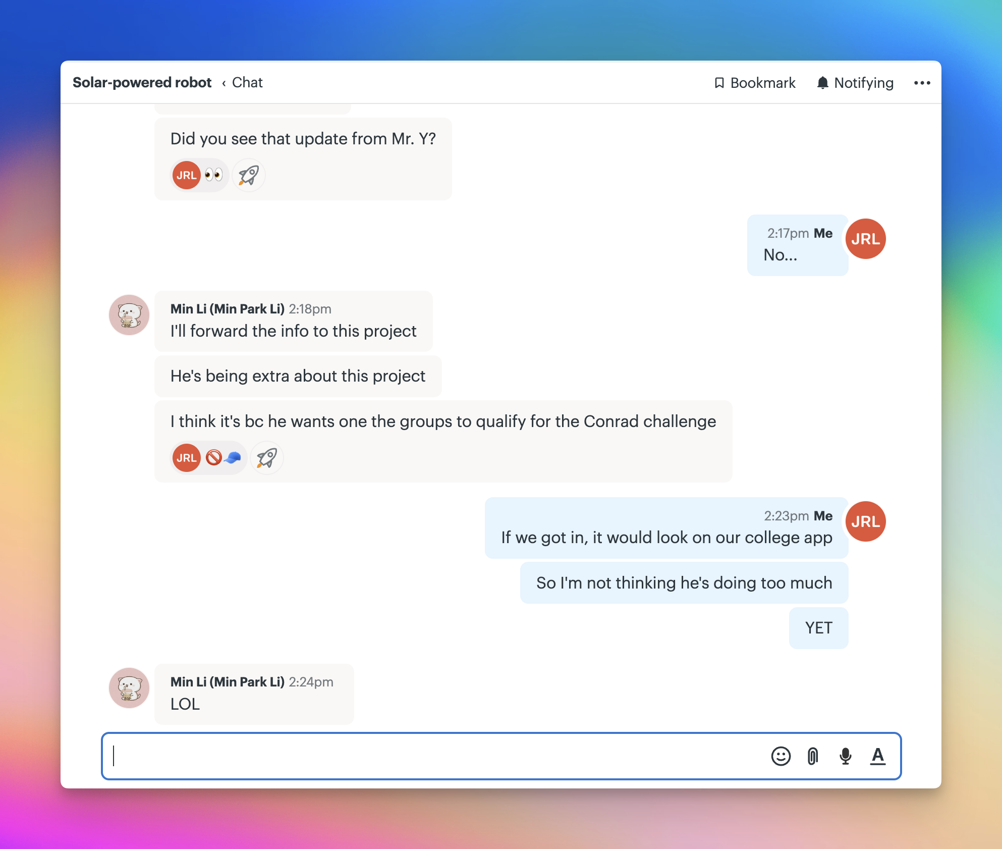 Screenshot of a Project's chat. There is a conversation between two students.