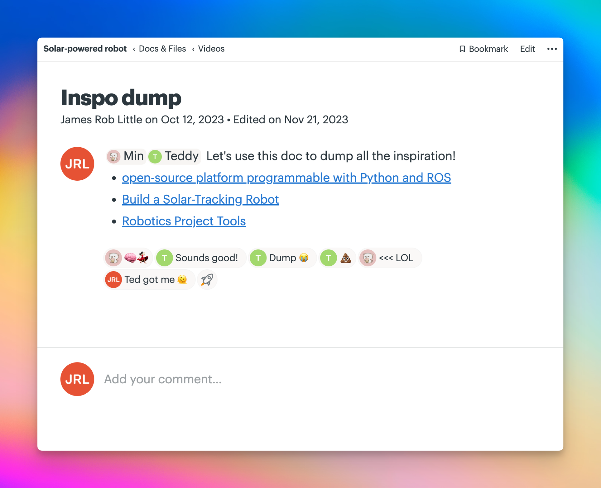 Screenshot of a document titled Inspo dump.