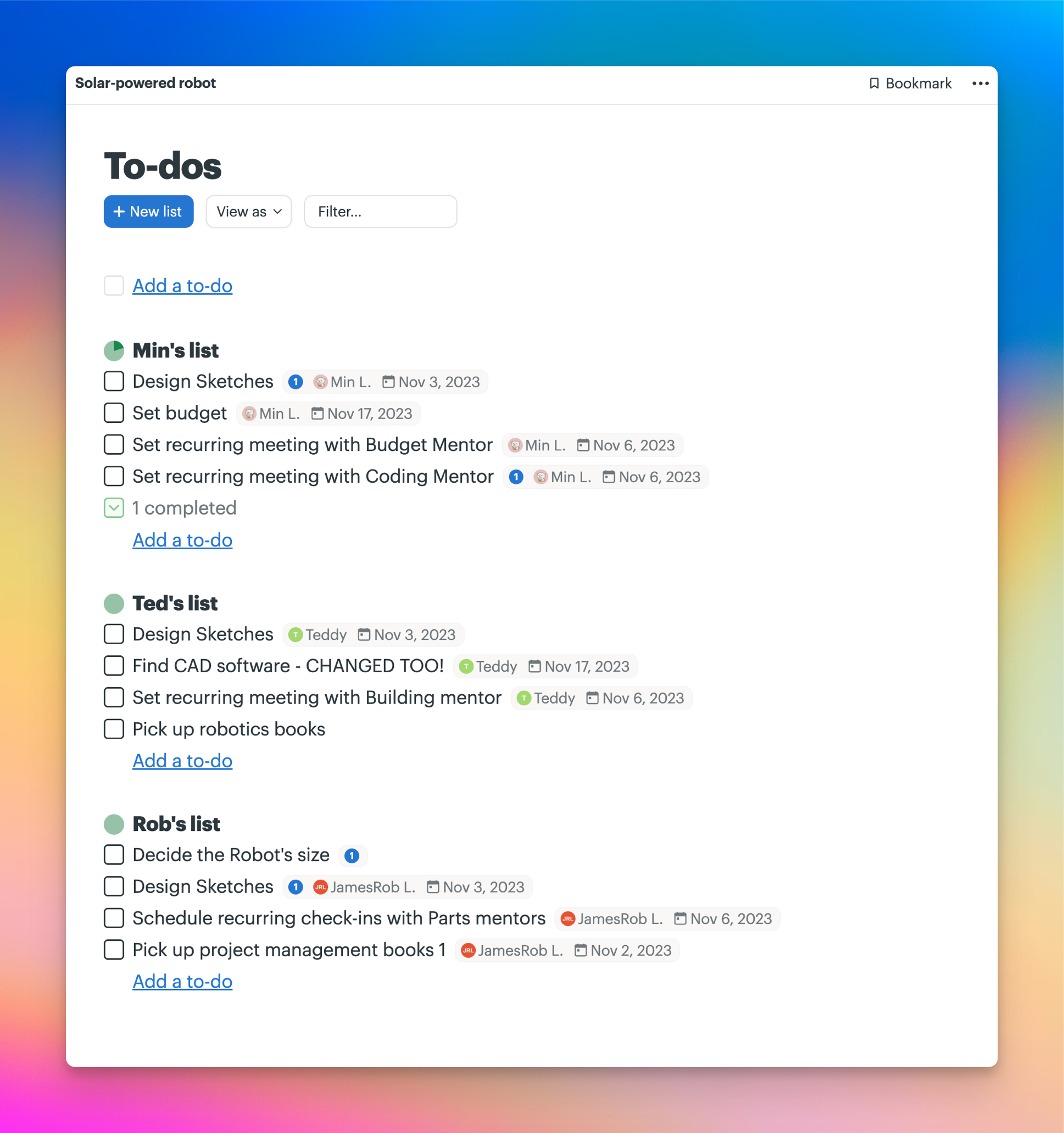 Screenshot of three different to-lists titled Min's list. Ted's list, Rob's list.