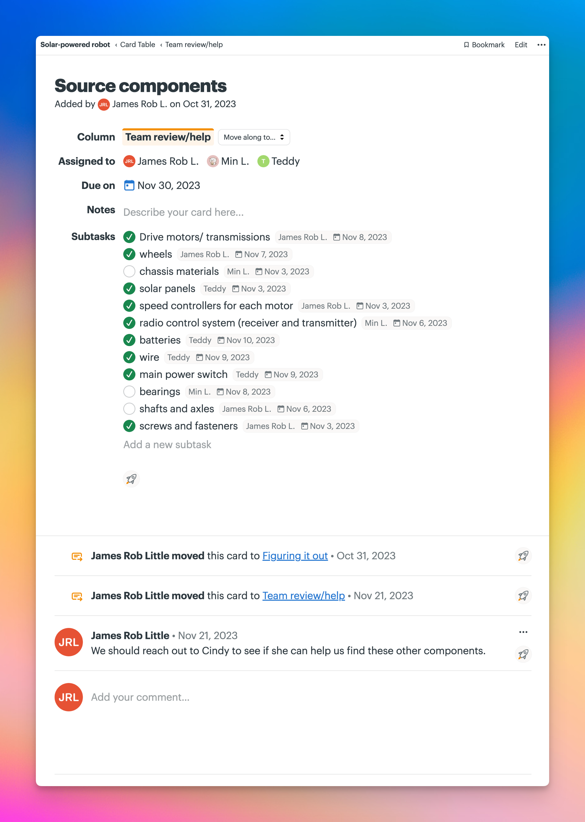 Screenshot of a Card titled Source components. There are 12 steps in this Card.