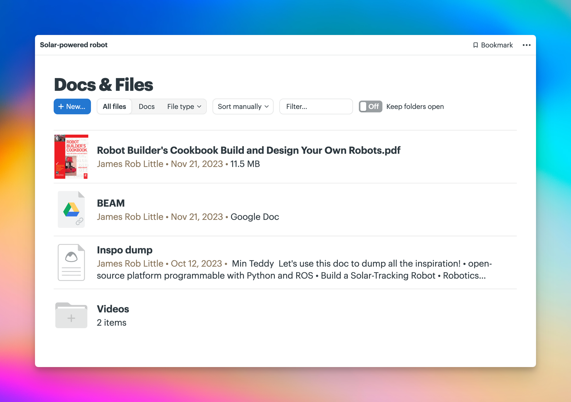 Screenshot of a project's Docs & Files tool. There's a document created in Basecamp, a folder of documents with embedded videos, an uploaded PDF file, and a file linked from Google Drive, one stand alone document.