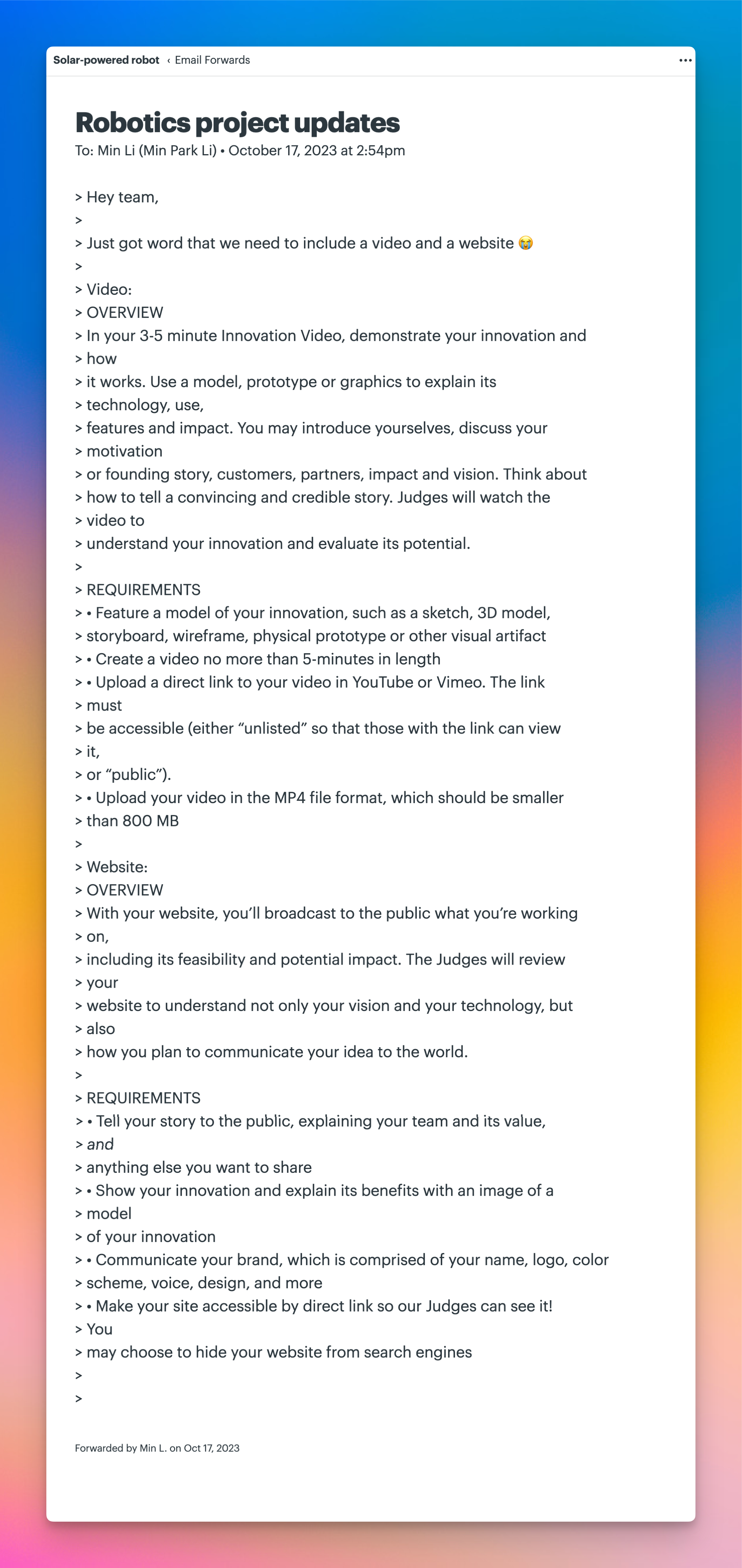 Screenshot of an email forwarded into a Basecamp account. The email is in plain-text.