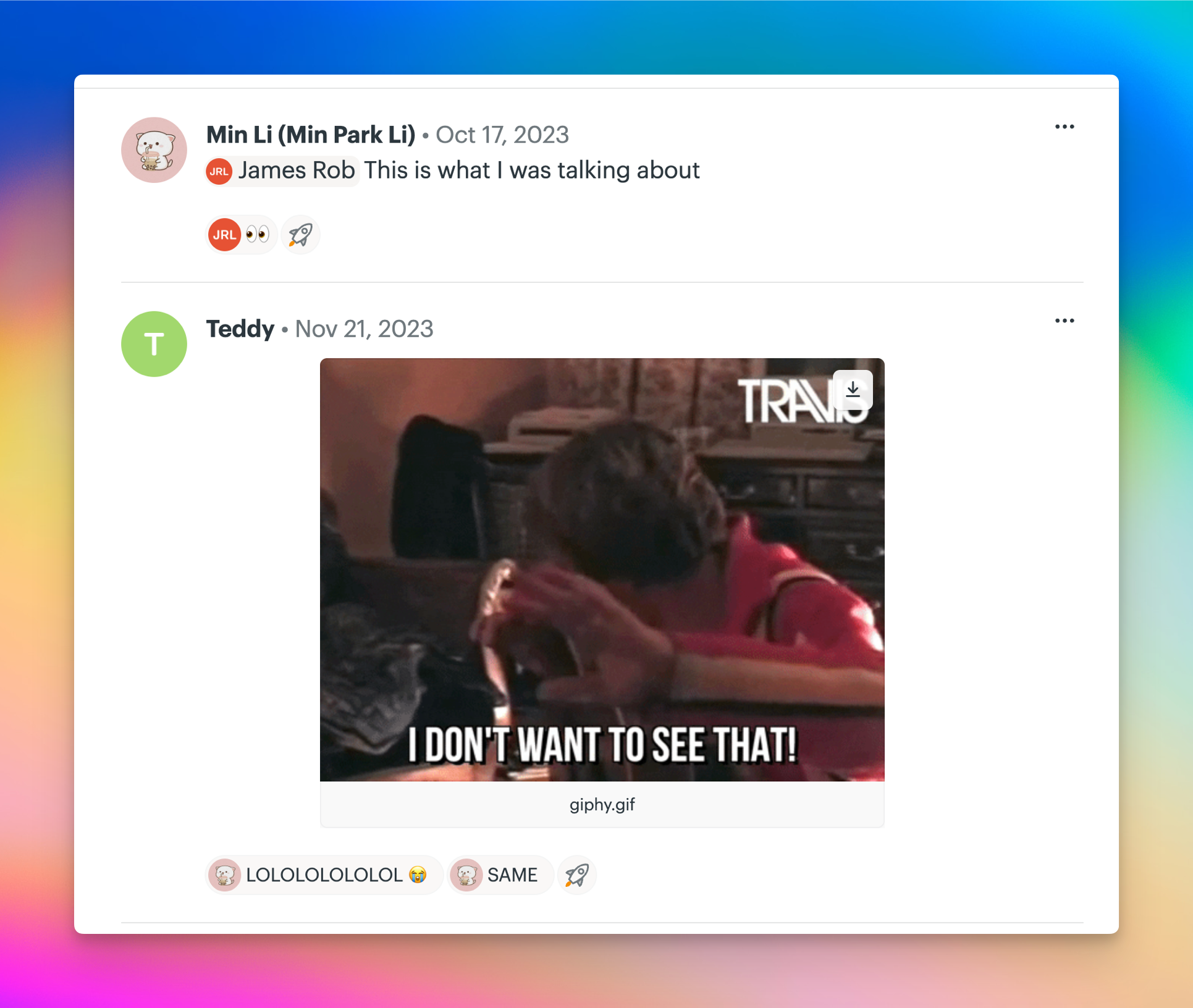 Screenshot of a comment section. A student is @mentioned and another student posts a GIF. There are also Boosts.