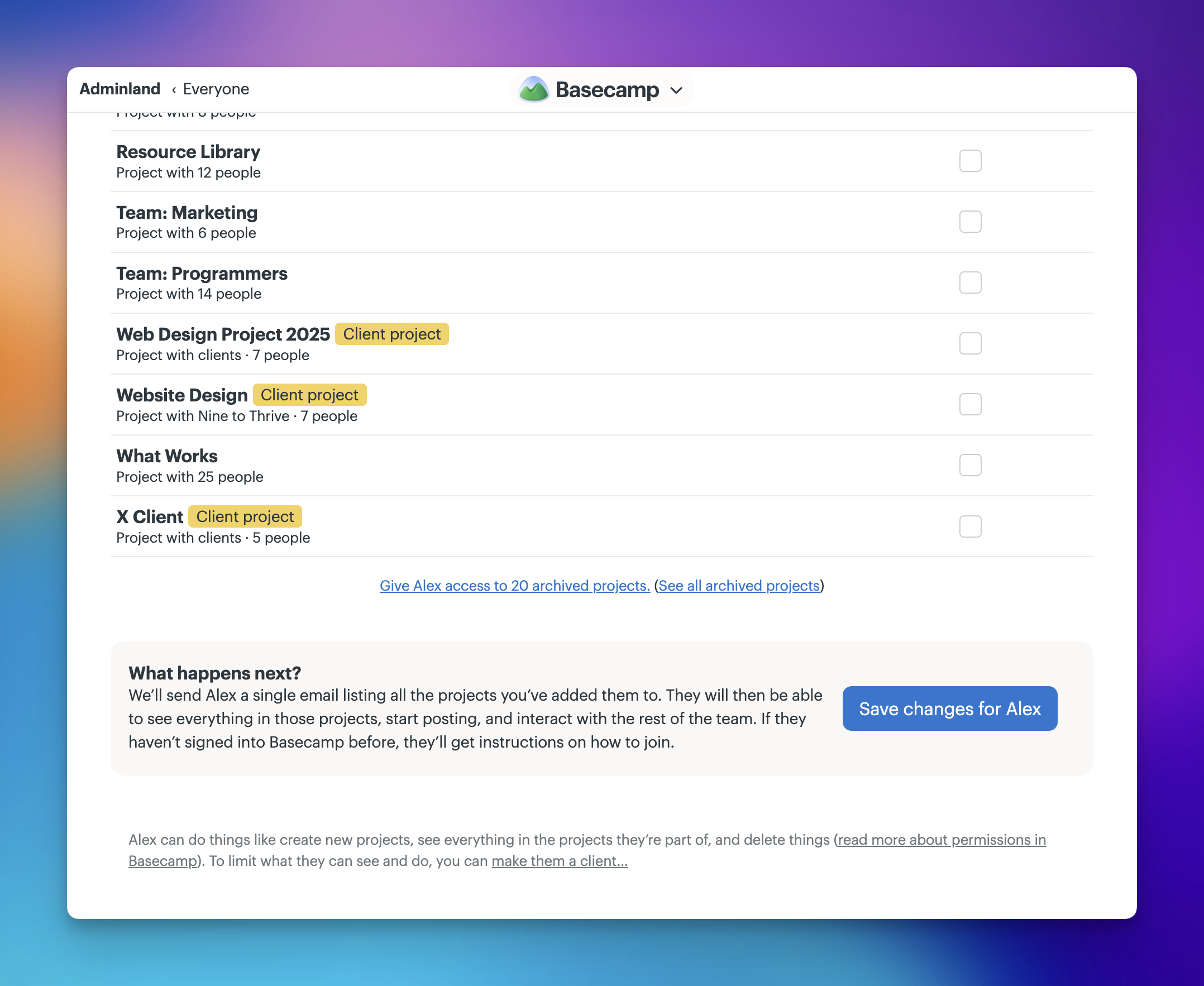 screenshot of the Change access page with archived projects option