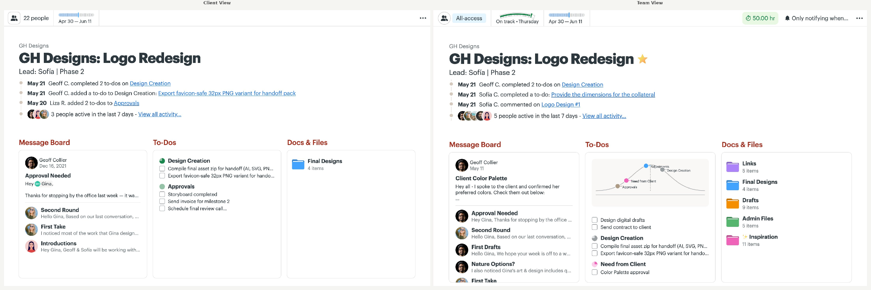 SCREENSHOT — side-by-side comparison of client view vs team view of the same project