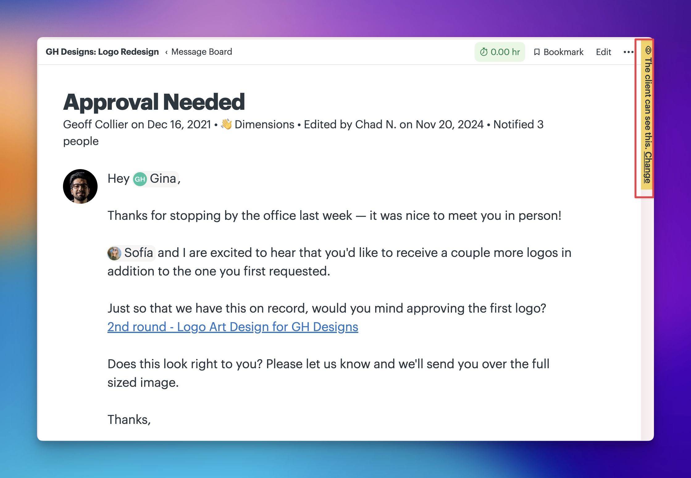 A screenshot of a message with the client visibility tag highlighted in red.